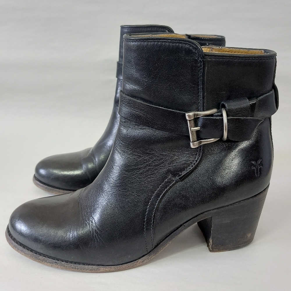 Frye Women Melissa Knotted Short Boots Size 8.5 Black Leather Edge Buckle Strap - Picture 15 of 16